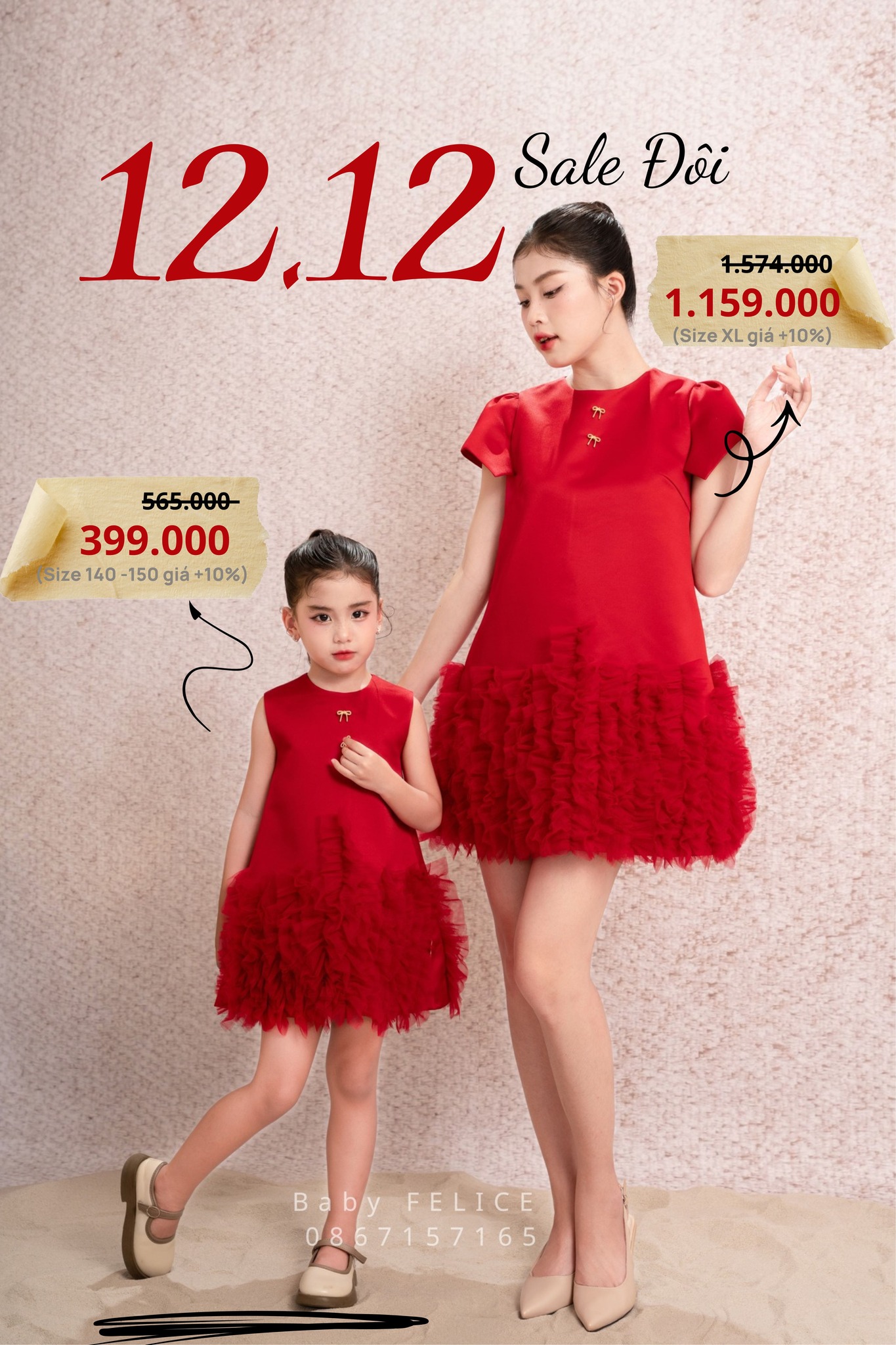 [🆕🇻🇳] Baby Felice THỜI TRANG THIẾT KẾ TRẺ EM CAO CẤP 🧑‍🧒❤️️👶⭐️ 𝗦𝗔𝗟𝗘 Đ𝗢̂𝗜 𝟭𝟮/𝟭𝟮
Áp dụng cho đơn Mẹ & Bé 
Giảm thêm 100k cho đơn 1 Mẹ + 2 bé
Không áp dụng khi mua lẻ đơn 1 sản phẩm.
Không áp dụng cho đơn may đo
Thời tran , shares-8✔️ , likes-84❤️️ , date-2025-12-02 19:51:54🇻🇳🇻🇳🇻🇳📰🆕