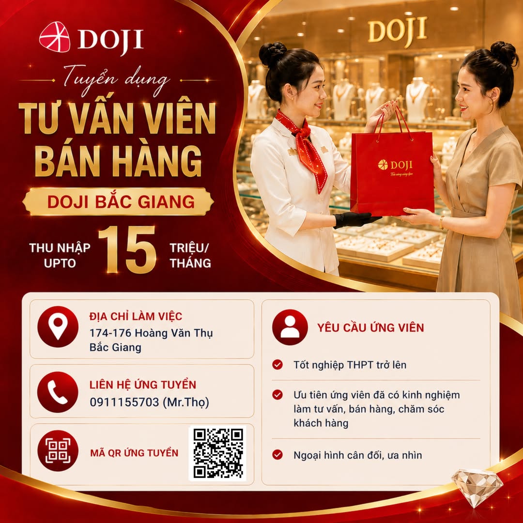 [💼🇻🇳] Tuyển Dụng DOJI 👁 Top1Jobs👥  DOJI BẮC GIANG TUYỂN DỤNG TƯ VẤN VIÊN BÁN HÀNG

DOJI Bắc Giang đang tìm kiếm ứng viên cho vị trí Tư vấn viên bán hàng làm việc