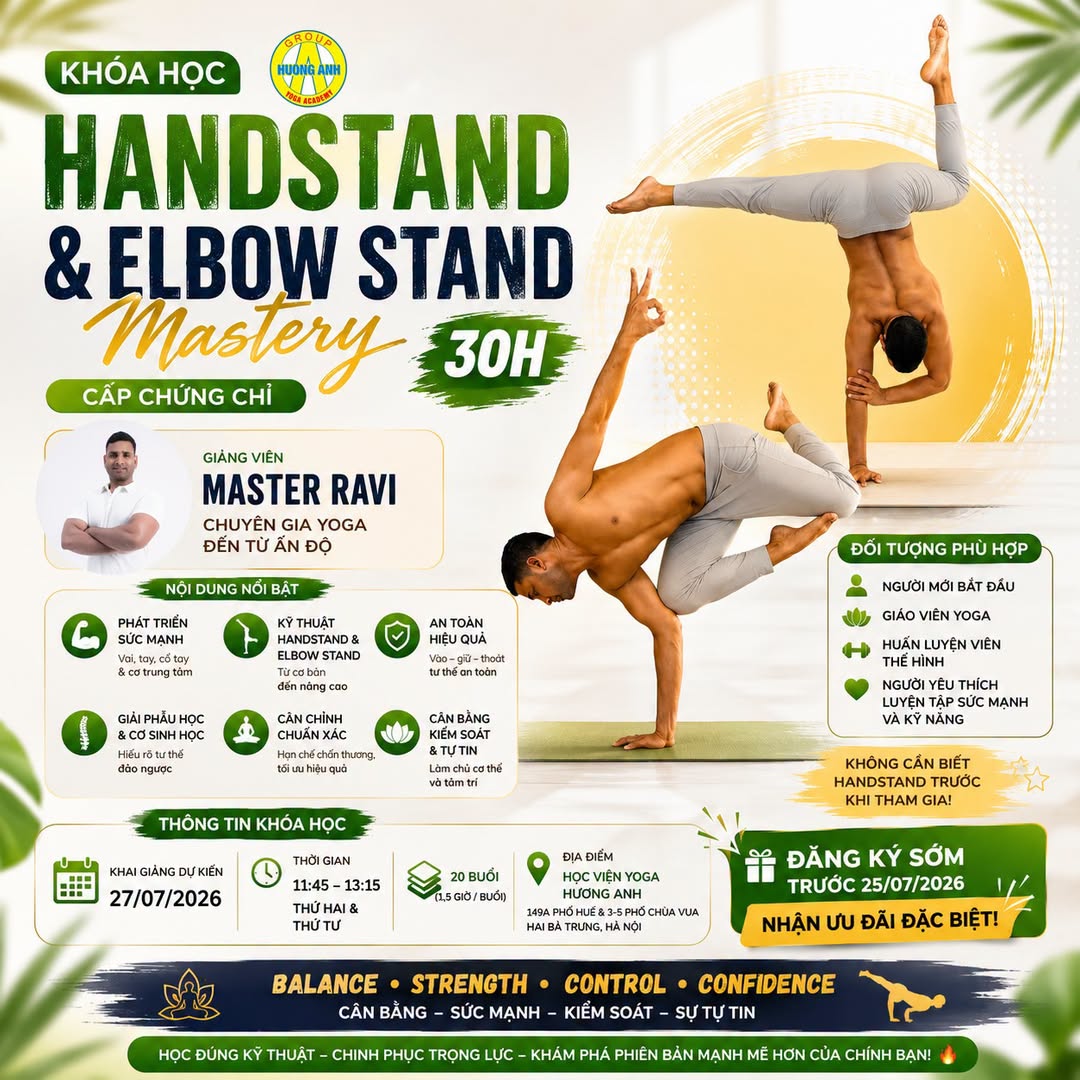 [🆕🇻🇳] Hương Anh Yoga Center 🧘 Top1Yoga 🤸🏻‍♀️  KHOÁ HỌC HANDSTAND & ELBOW STAND MASTERY 30H – CẤP CHỨNG CHỈ

Bạn luôn ngưỡng mộ những tư thế Handstand hay Elbow Stand nhưng chưa biết bắt đầu từ đâu?

Đ