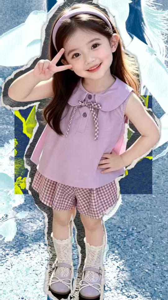 [🆕🇻🇳] Bloom Kids Boutique 🧑‍🧒👶 Áo cổ sen kết hợp cùng quần short caro dáng bí màu tím hot trend hè này. 
Zá 335K order 10-14 ngày. 
#qate #thoitrangtreem #qccc #orderquangchau #bloomkids