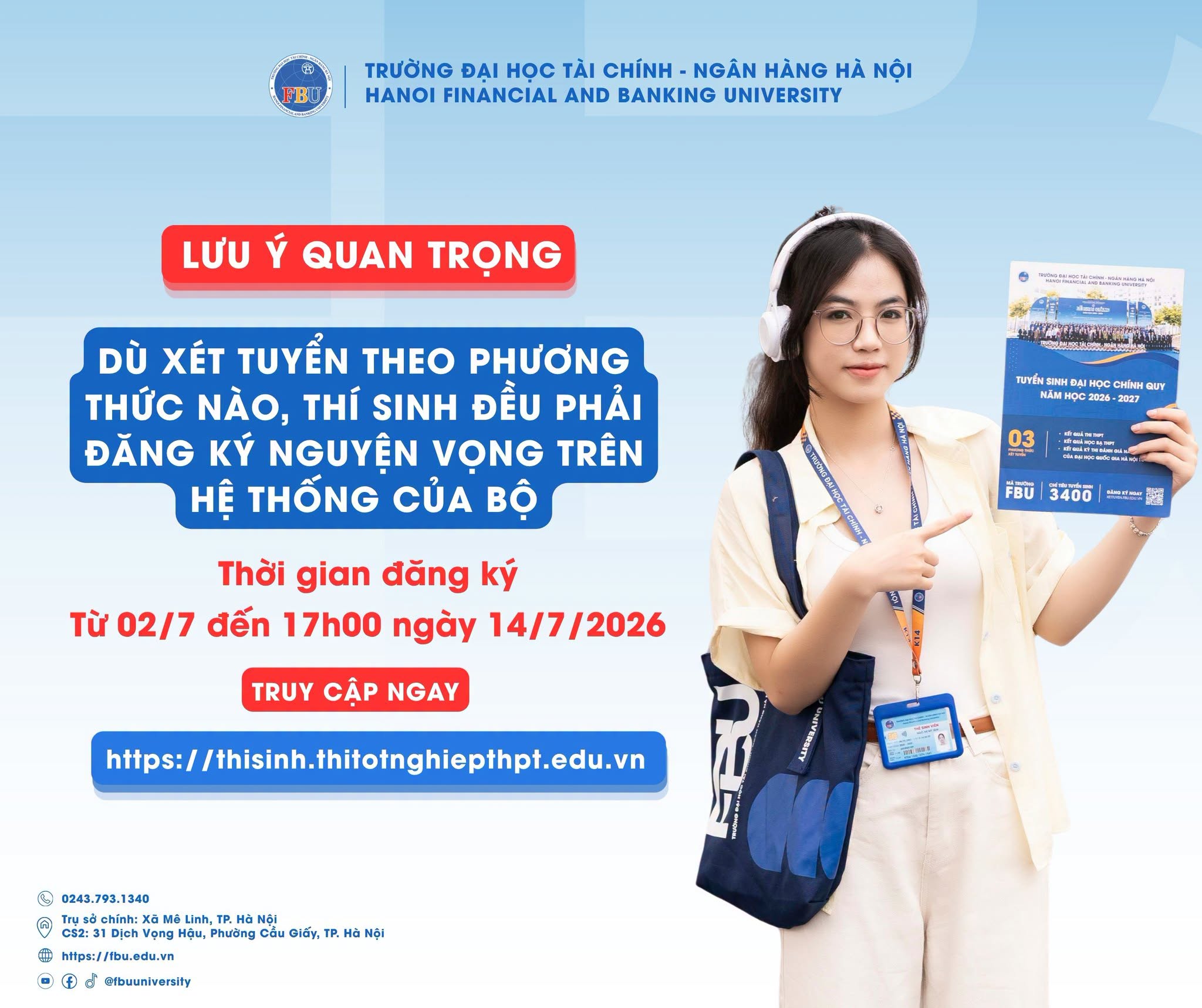 [🆕🇻🇳] Trường Đại học Tài chính – Ngân hàng Hà Nội 📚 Top1Learn 📕 2K8 LƯU Ý: DÙ XÉT TUYỂN THEO PHƯƠNG THỨC NÀO, THÍ SINH ĐỀU PHẢI ĐĂNG KÝ NGUYỆN VỌNG TRÊN HỆ THỐNG CỦA BỘ GIÁO DỤC VÀ ĐÀO TẠO

Bạn đã đăng ký xét tuyển vào